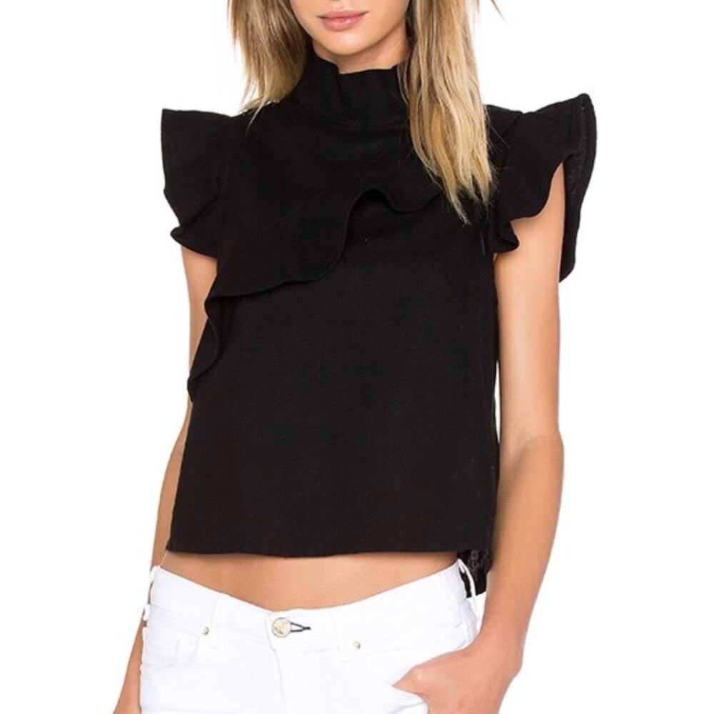 Mcguire Barrett Black Sorbonne Ruffle Linen Blend Top Sz S